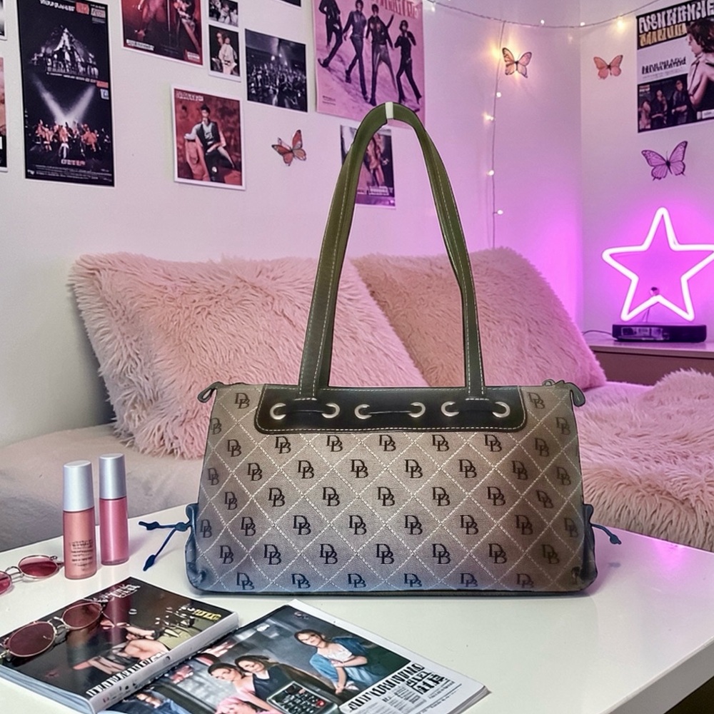 Dooney & Bourke Y2K Monogram Top Handle Bag Gray Black Tassel Satchel Vintage - Picture 3 of 5